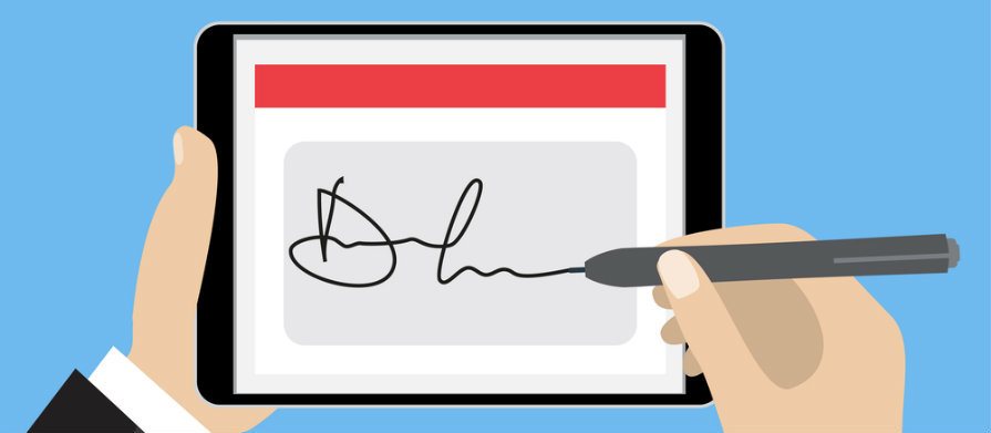 Desenho de mãos e tablet. As mãos de um homem vestido de terno fazem uma assinatura digital com uma caneta na tela.