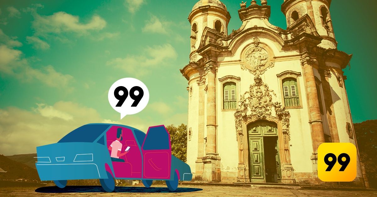 Ilustração de carro da 99 parado diante de foto de igreja brasileira